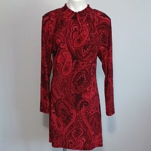 TOMMY HILFILGER red paisley dress, high neck, long sleeve. Holiday party. Size 8